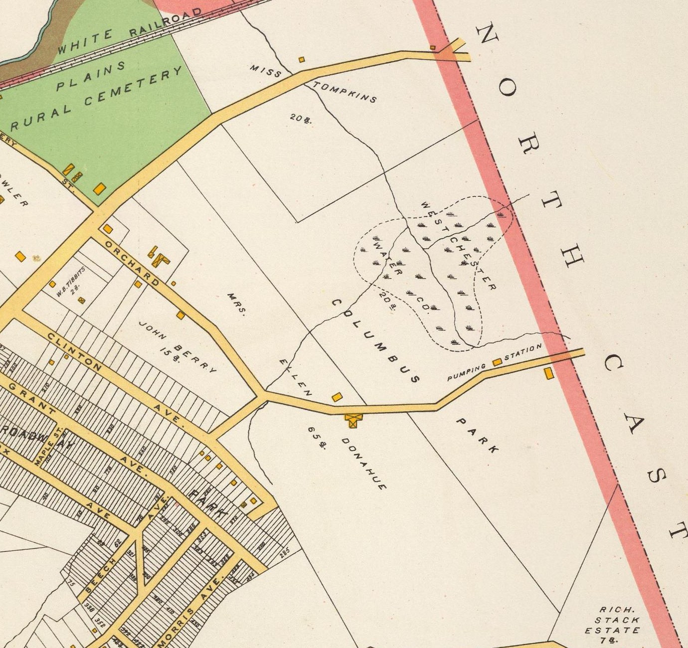 1893 atlas showing Orchard Street, the Donahue and Berry farms, Columbus Park, and the Westchester Water Company marsh
