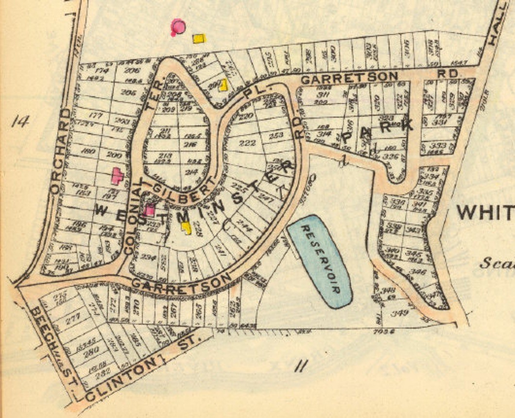 1910 atlas plate showing Westminster Park lots, Colonial Terrace, Gilbert Place, Garretson Road, and the reservoir