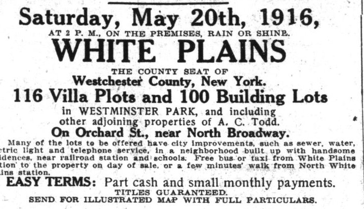 1916 newspaper advertisement for the auction of 116 villa plots and 100 building lots in Westminster Park