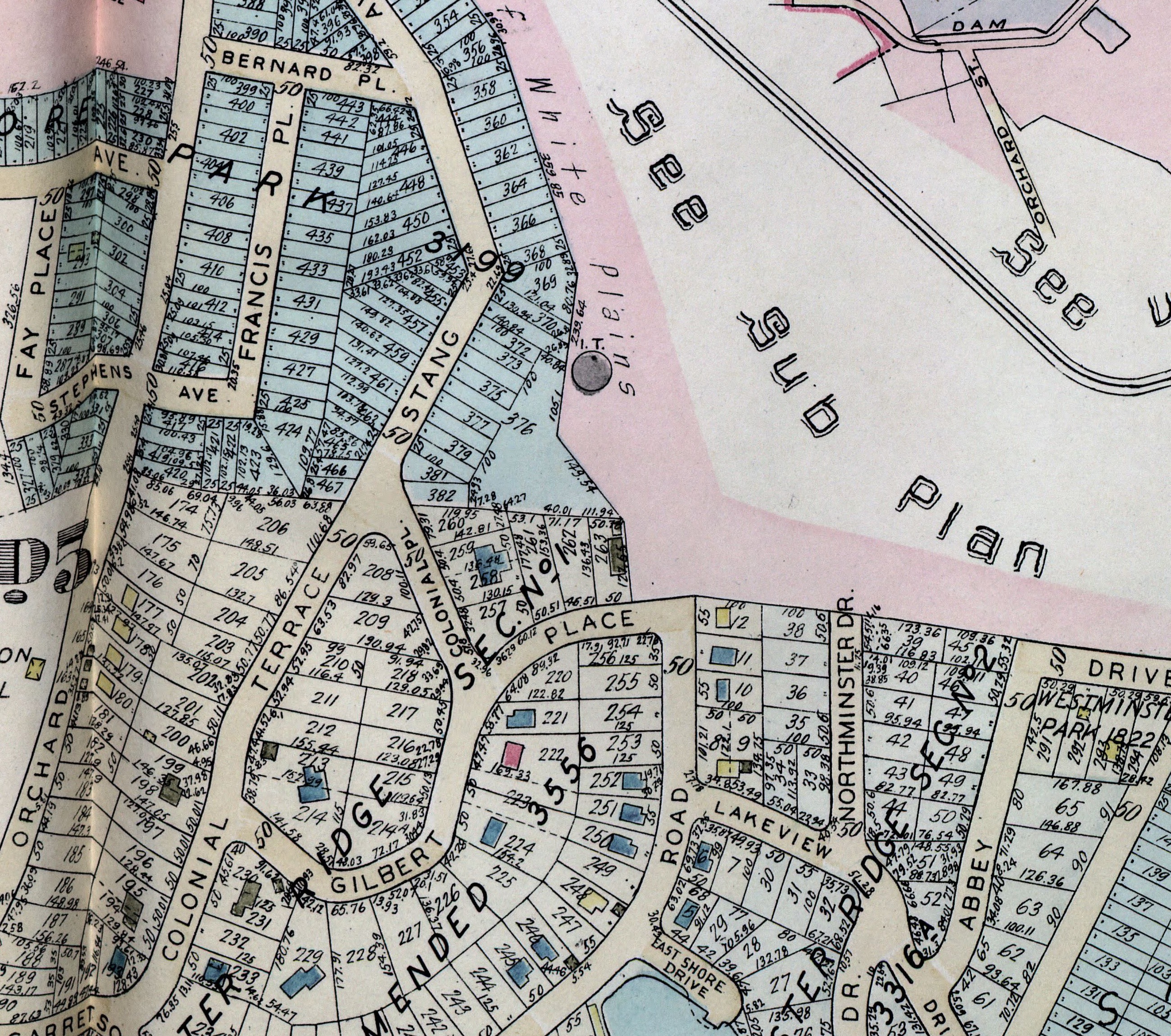 1929 to 1931 county atlas showing Bernard Place, Francis Place, Colonial Place, Stang Avenue, and the reservoir