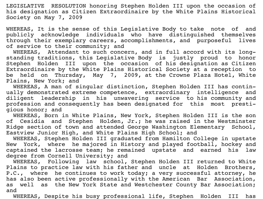 2009 legislative resolution honoring Stephen Holden III