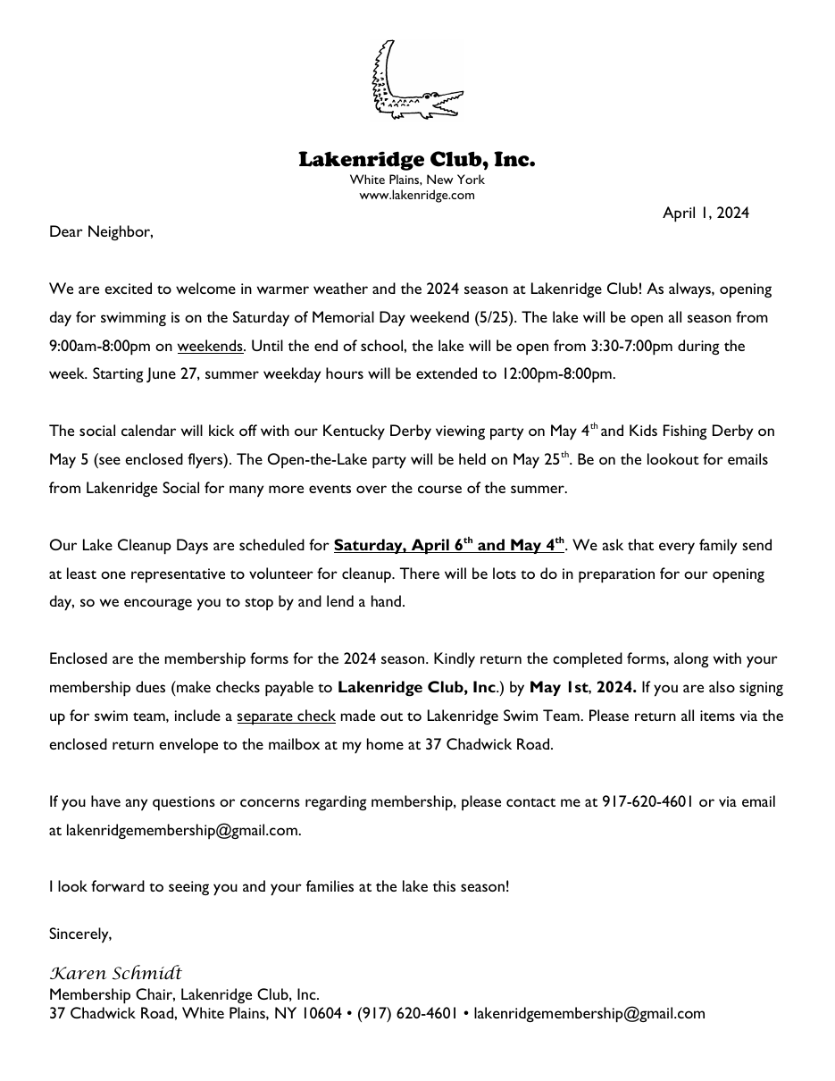 Lakenridge Club membership letter describing the lake season