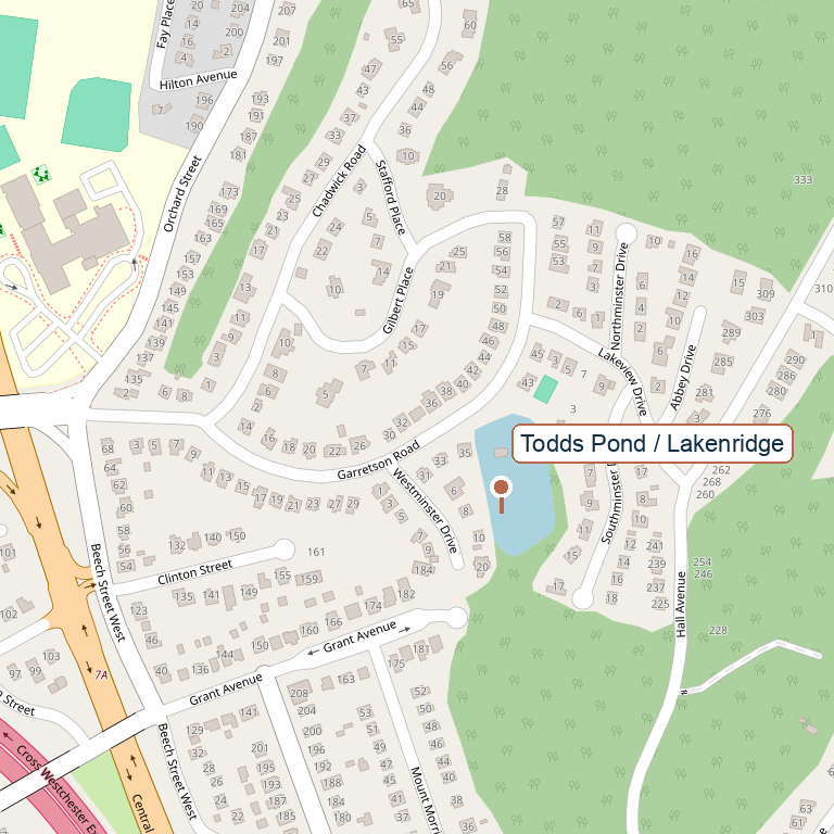 Present-day map showing Chadwick Road, Stafford Place, Gilbert Place, and Todds Pond
